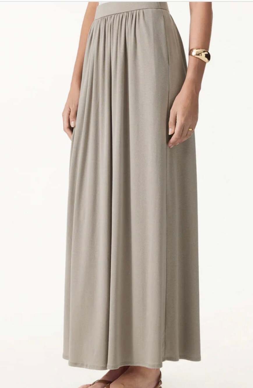 OGL Tencel-Linen Soft Linen Knit Gathered A-Line Maxi Skirt with Pockets Large